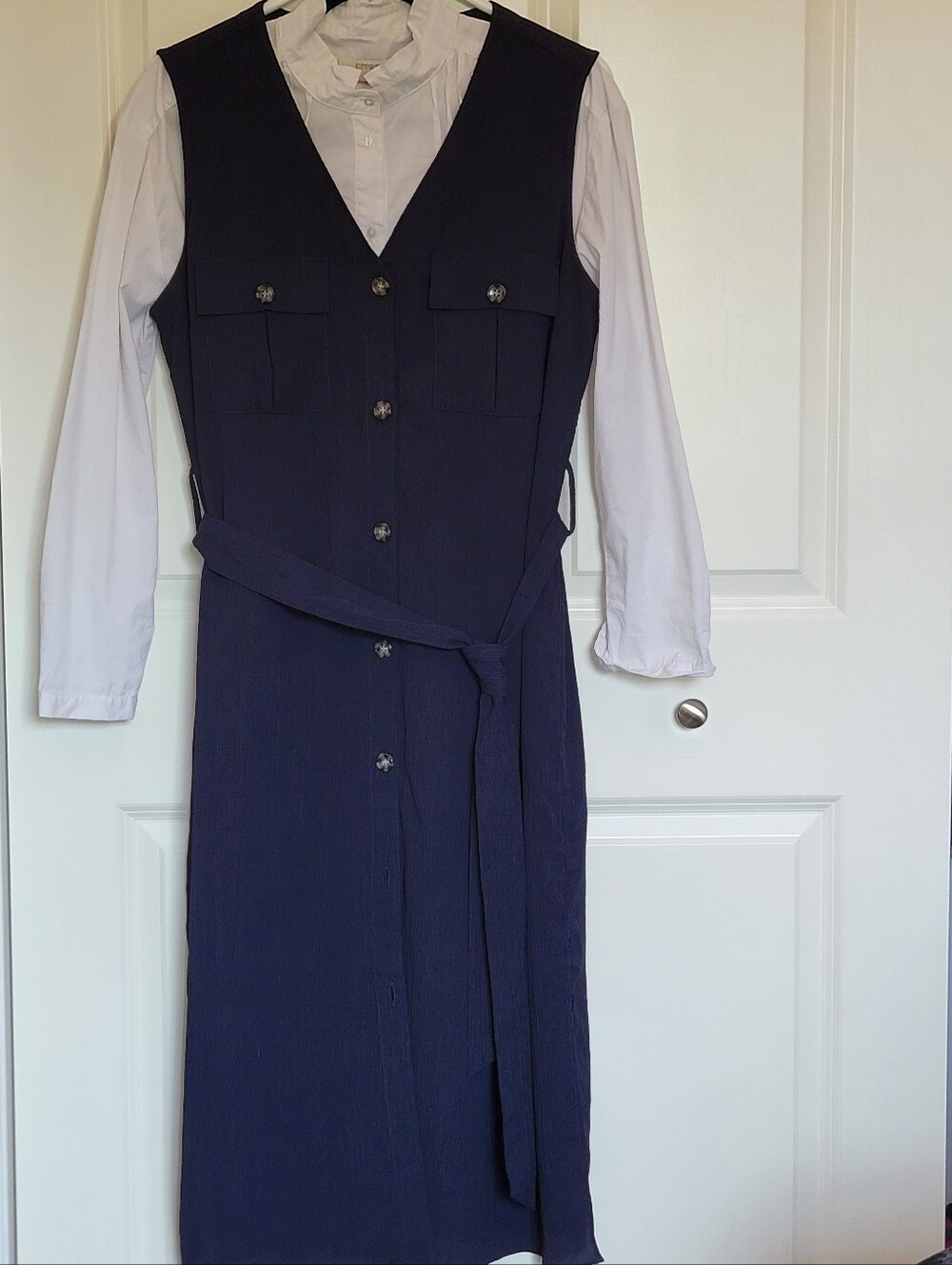 Sleeveless Navy Button-Front Shirt Dress with Tie Waist - Picture 3 of 10